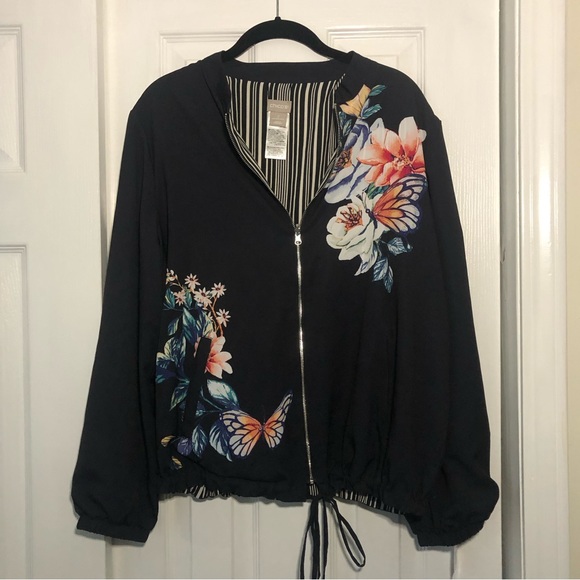 Chico's Reversible Floral Butterfly Cinch Waist Zip Front Bomber Jacket Navy 2 - Picture 3 of 9
